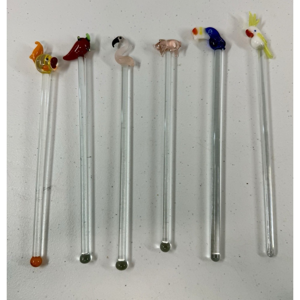 Vintage Swizzle Sticks Lot Of 6 Birds Flamingo Proper Fish Pig Glass Stirrers